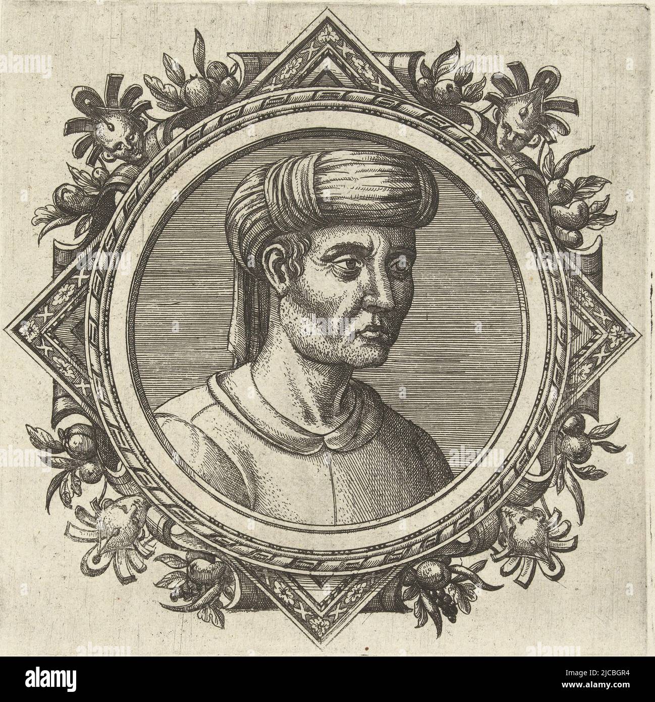 Ein rundes Porträt von Johann Michele Savanorola, einem Schriftsteller von medizinischen Abhandlungen Büste rechts die Kartusche des Porträts zeigt vier Masken unterhalb der Kartusche ist eine vierzeilige lateinische Beschriftung über der Kartusche der Name der porträtierten Person, Porträt von Michele Savanorola Porträts klassischer und neuester Philosophen und Ärzte , Druckerei: Pieter van der Borcht (I), Verlag: Christoffel Plantijn, Johannes Sambucus, Druckerei: Antwerpen, Verlag: Antwerpen, Wien, 1574 und/oder 1612, Papier, Radierung, Buchdruck, H 187 mm × B 187 mm, H 249 mm × B 195 mm Stockfoto