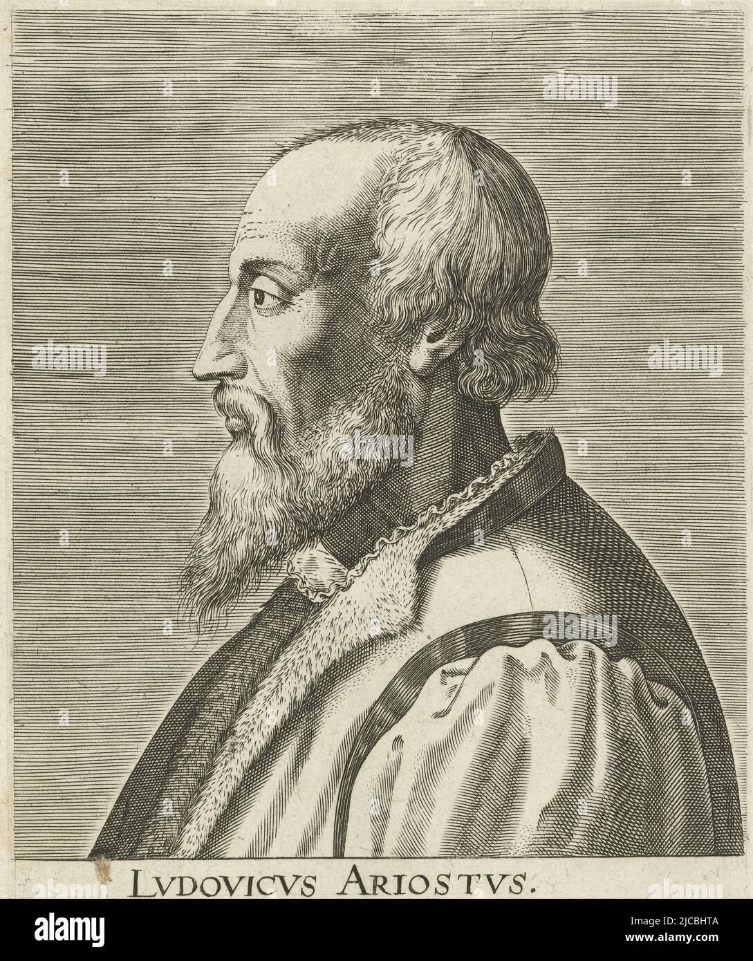 Porträt von Ludovico Aristo, Dichter am Hof von Ferrara im Profil links der Druck hat eine lateinische Bildunterschrift, Porträt von Ludovico Aristo Lvdovicvs Ariostvs, Druckerei: Philips Galle, Franciscus Raphelengius (I), Verleger: C. Galle, (möglicherweise), Antwerpen, 1587 - 1612, Papier, Gravur, B 117 mm × H 168 mm Stockfoto