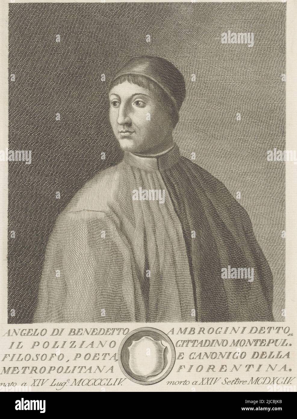 Porträt von Agnolo Poliziano unter dem Porträt ein Text in italienischer Sprache und ein Wappen in kreisförmigem Rahmen, Porträt von Agnolo Poliziano Porträts berühmter Italiener mit Wappen im unteren Rand, Druckerei: Francesco Allegrini, (auf Objekt erwähnt), Zeichner: Giuliano Traballesi, (auf Objekt erwähnt), nach: Cristofano dell’ Altissimo, Italien, 1762, Papier, Gravur, H 298 mm × B 200 mm Stockfoto