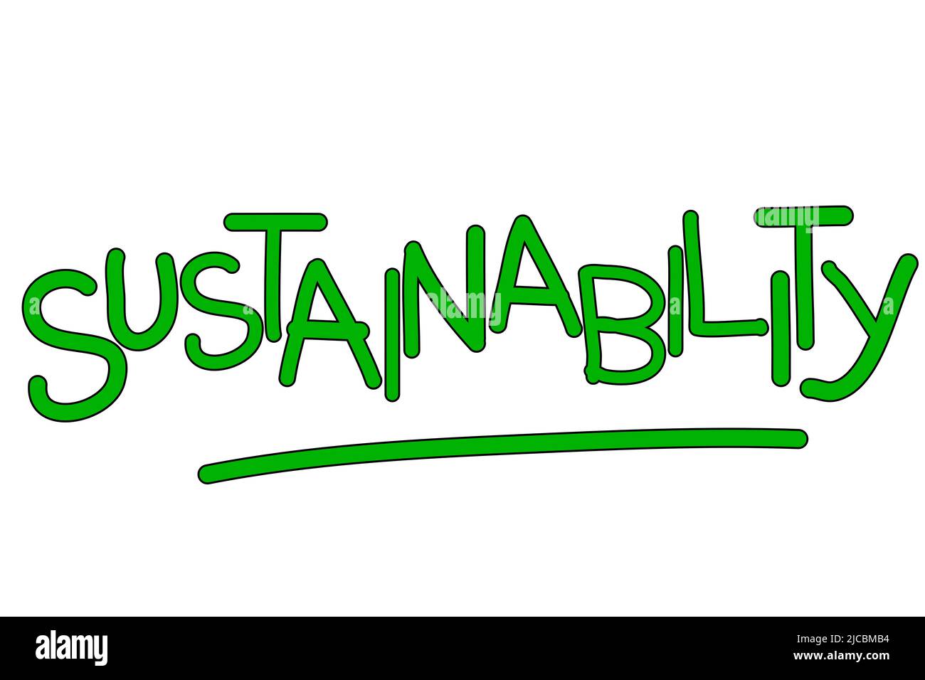 Nachhaltigkeit, Wort in grünen Buchstaben, isoliert auf weißem Hintergrund Stockfoto