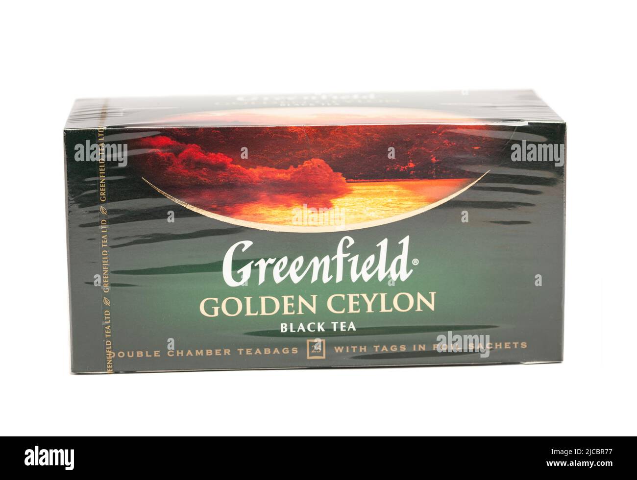Moskau, Russland Juni 12,2022: Greenfield Golden Ceylon Black Tea 25 Doppelkammer-Teebeutel. Stockfoto