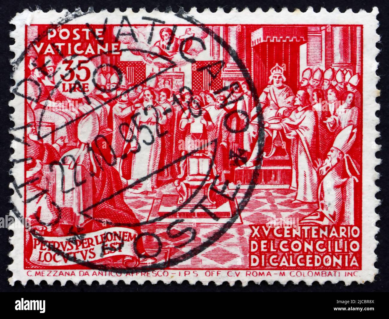 VATIKAN - UM 1951: Eine im Vatikan gedruckte Briefmarke zeigt das Konzil von Chalcedon, 1500.. Jahrestag, um 1951 Stockfoto