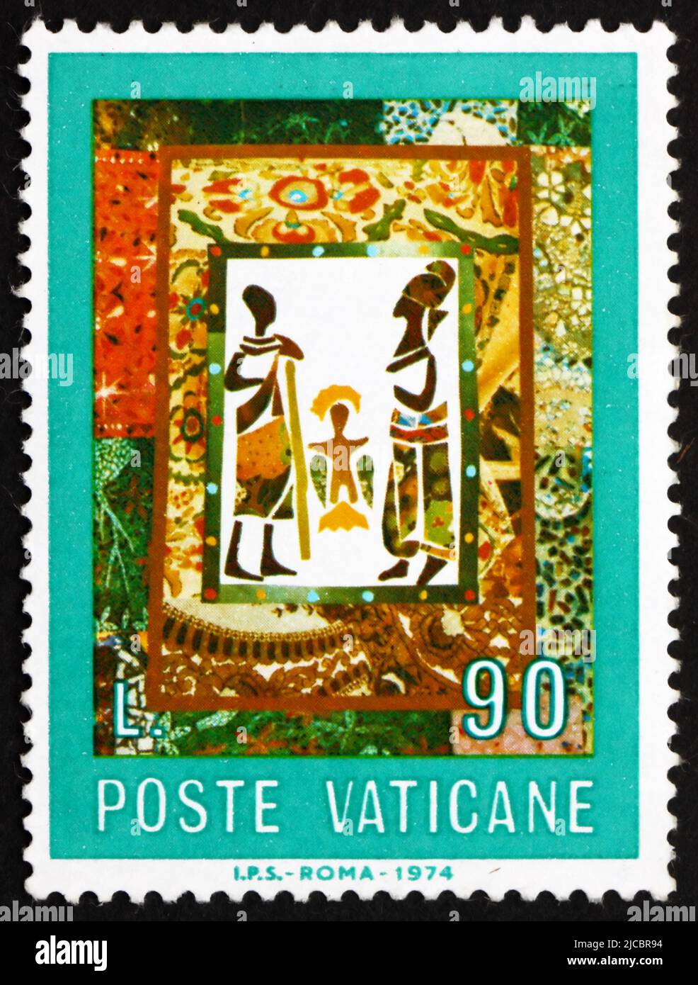 VATIKAN - CA. 1974: Ein im Vatikan gedruckter Stempel zeigt die Geburt, Afrikanisch, ca. 1974 Stockfoto