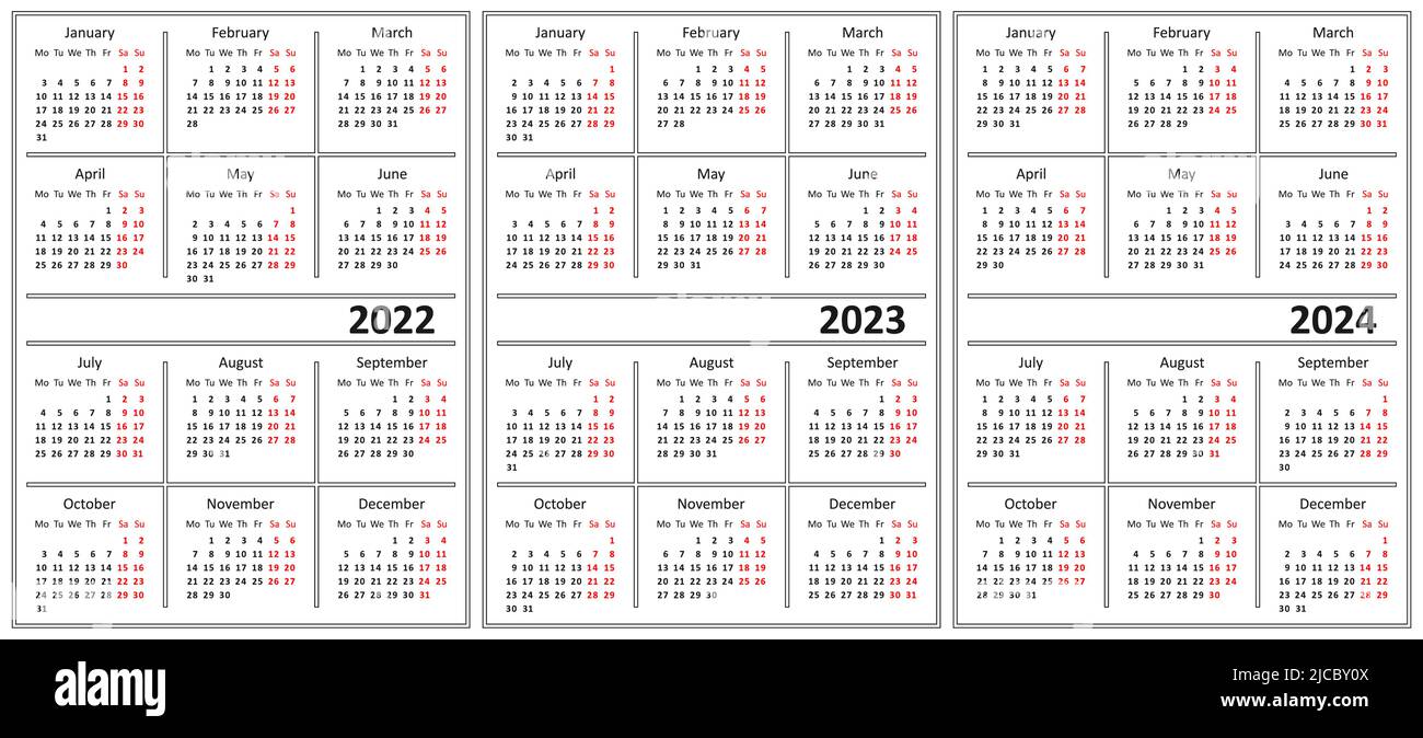 Vorlage eines Kalenders von weißer Farbe. Kalender für 2022, 2023 und 2024. Die Woche beginnt am Montag. Stock Vektor