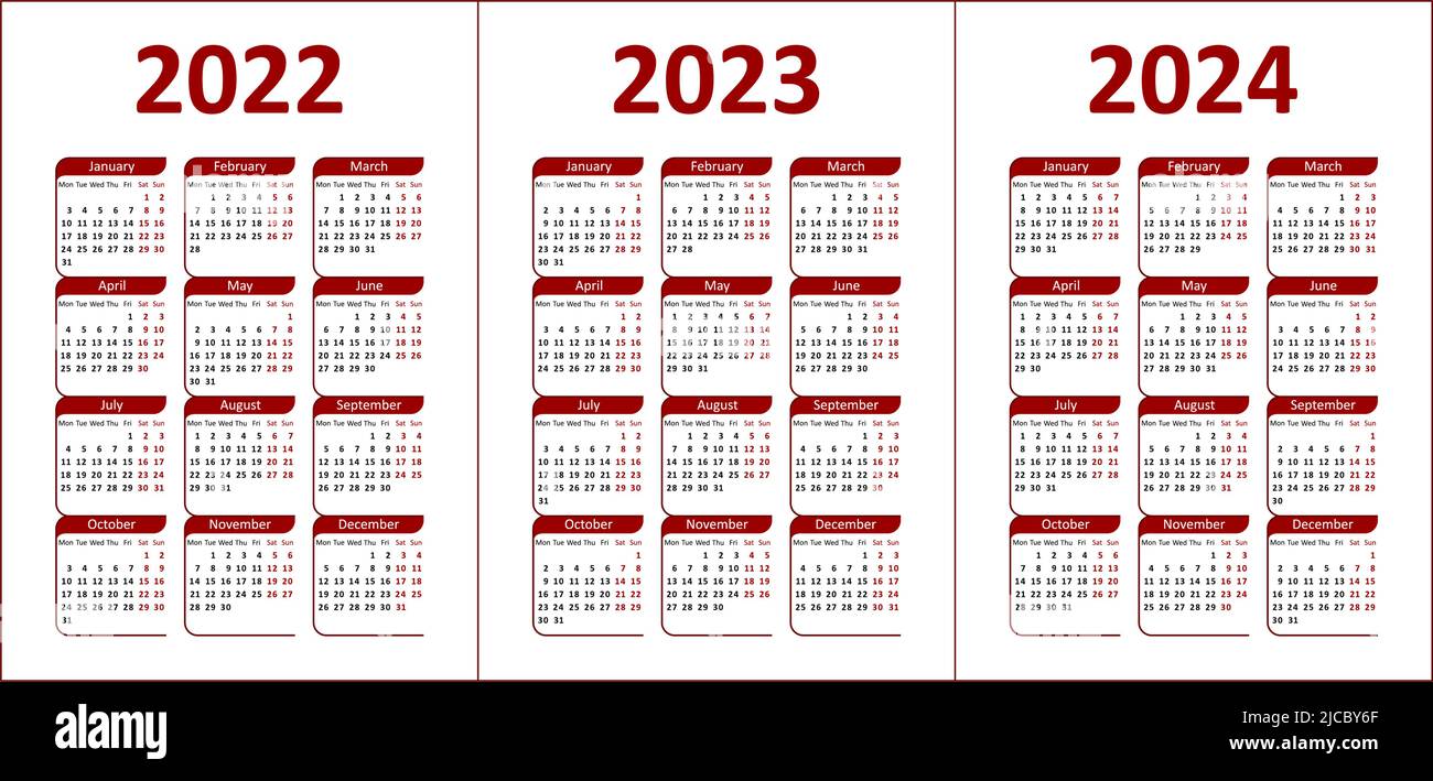 Kalender 2022, 2023 und 2024. Rote und schwarze Buchstaben und Figuren auf weißem Hintergrund. Die Woche beginnt am Montag. Stock Vektor