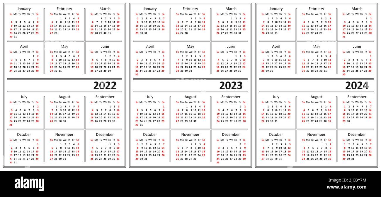Vorlage eines Kalenders von weißer Farbe. Kalender für 2022, 2023 und 2024. Die Woche beginnt am Sonntag. Stock Vektor