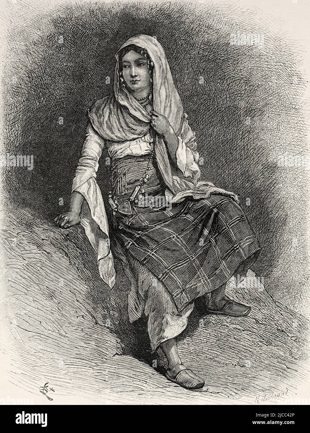 Arabische Frau in typischen und traditionellen Kleidern der Nusayriyah-Berge. Syrien, Naher Osten. Die Nusayris von Léon Cahun 1878. Le Tour du Monde 1879 Stockfoto