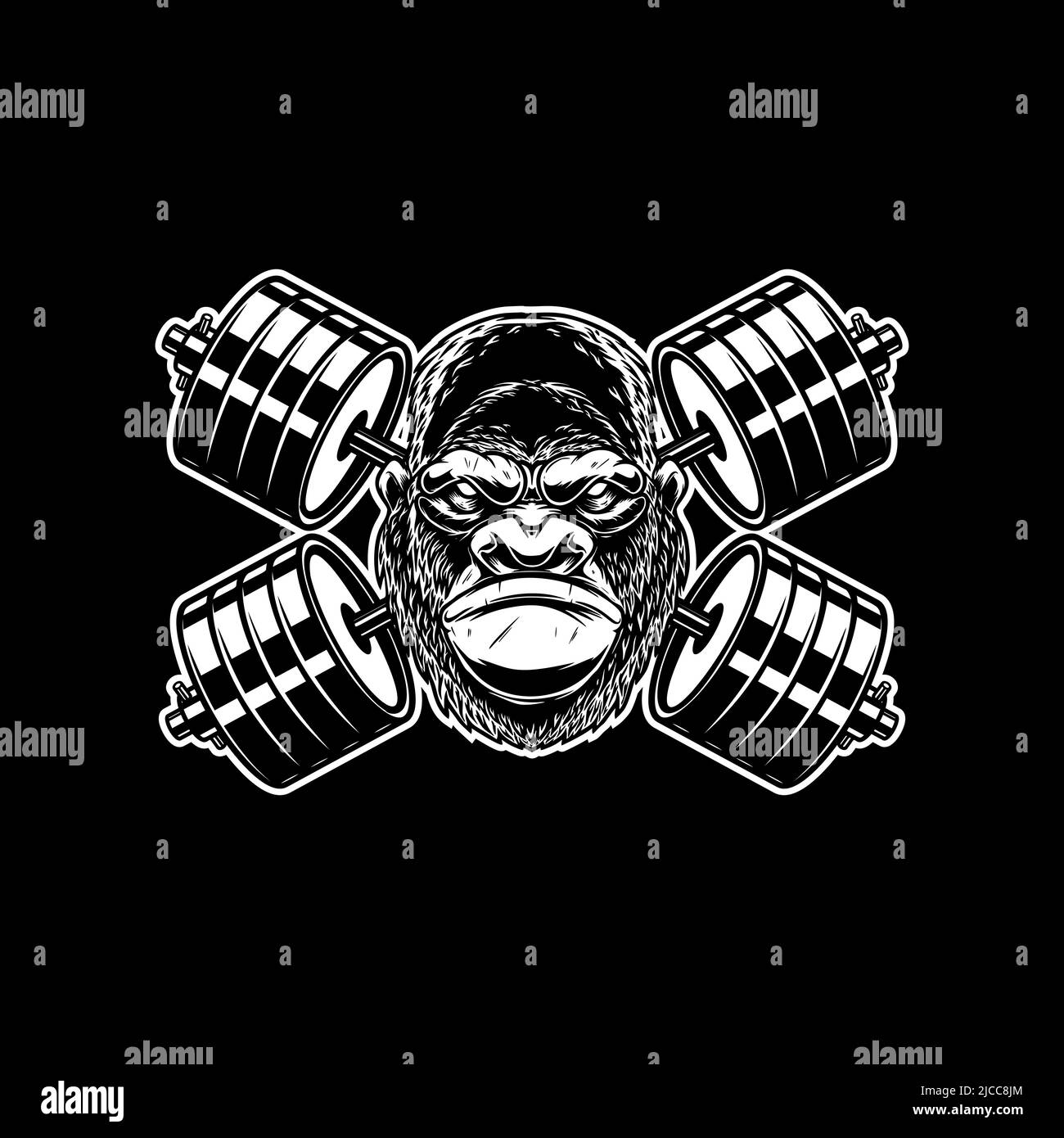 Gorilla mit gekreuzten Langhanteln. Gestaltungselement für Logo, Emblem, Schild, Poster, T-Shirt. Vektorgrafik Stock Vektor