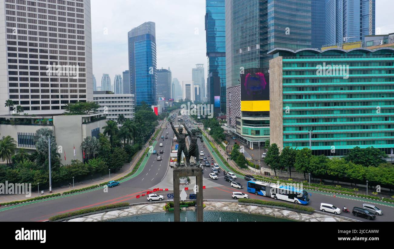 Willkommen am Kreisverkehr Bundaran HI, Monument Selamat Datang Stockfoto