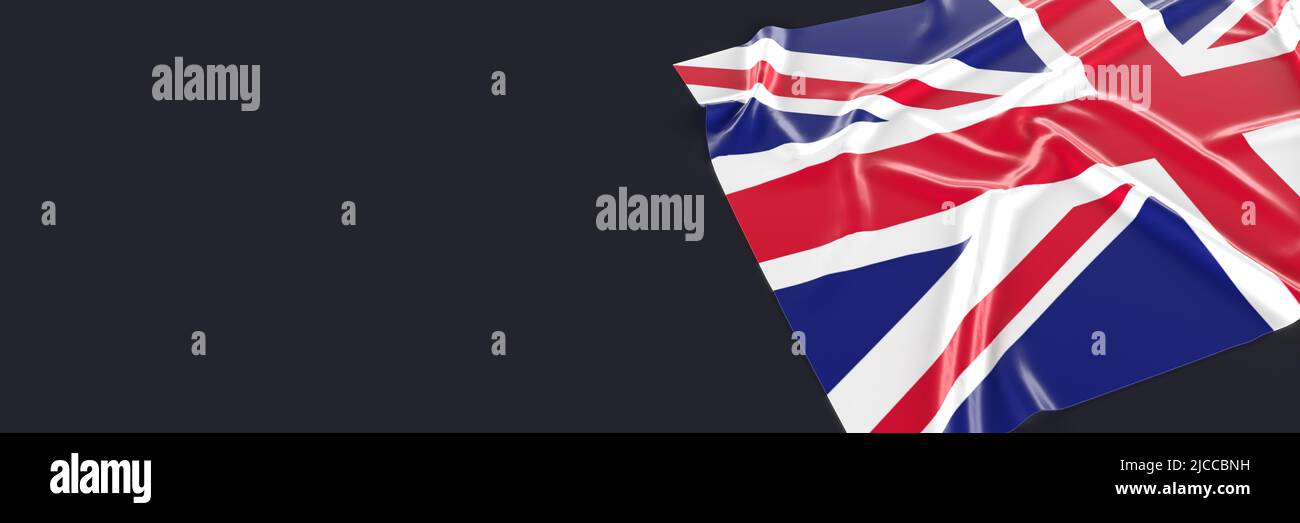 Britische Flagge auf schwarzem Hintergrund, Beschneidungspfad. Helle seidige 3D gerenderte Illustration. Nahaufnahme der winkenden Landesflagge. Nationales Symbol Des Vereinigten Königreichs Stockfoto