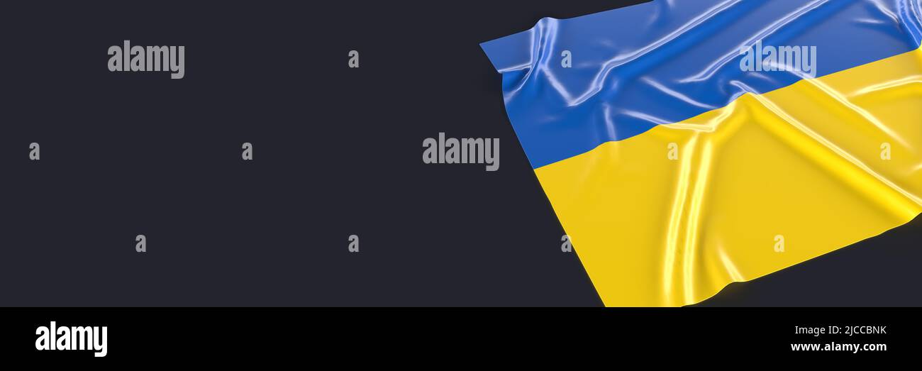 Ukraine Flagge auf schwarzem Hintergrund, Beschneidungspfad. Helle seidige 3D gerenderte Illustration. Nahaufnahme der winkenden Landesflagge. Ukrainisches Nationales Symbol Stockfoto