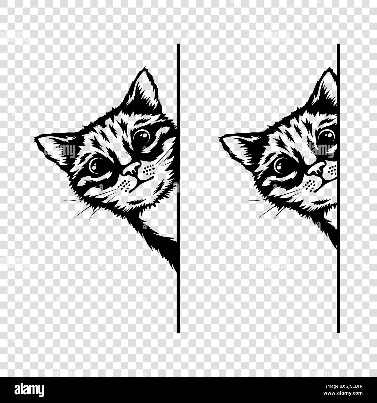 Vektor Monochrom Handschublade Schwarz, Weiß Versteckt Peeking Kitten. Blick Auf Den Kätzchen-Kopf. Katze aus der Oberfläche, Ecke. Haustier Kätzchen Stock Vektor