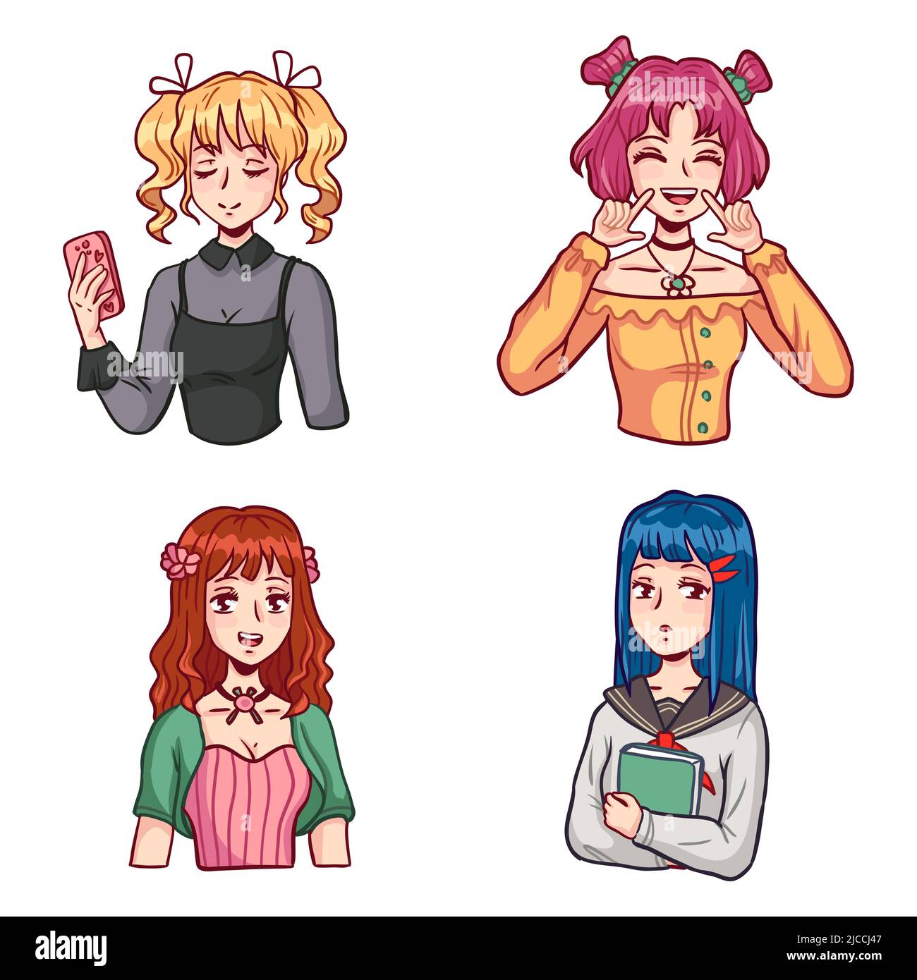 2203 S ST Anime Mädchen-Charakterkit. Verschiedene weibliche Menschen in legerer Kleidung. Schöne Manga Schülerinnen halten Smartphone und Buch in Japanisch Stock Vektor