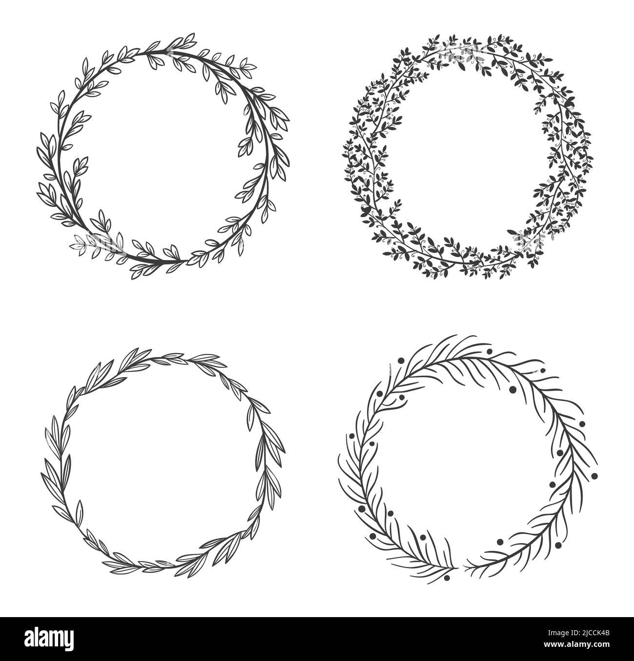 Kreisförmige Lamellenrahmen. Schwarze runde natürliche Bordüren, Blumenkranz isoliert auf weiß, gesetzt. Botanische Elemente mit Laub Stock Vektor