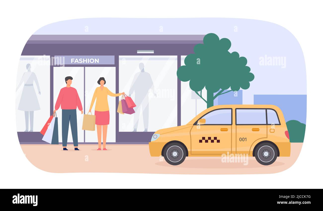 City Taxi Kunde. Männer und Frauen mit Einkaufstaschen, die ein gelbes Taxi bestellen. Cartoon Stadt Transport Service Stock Vektor