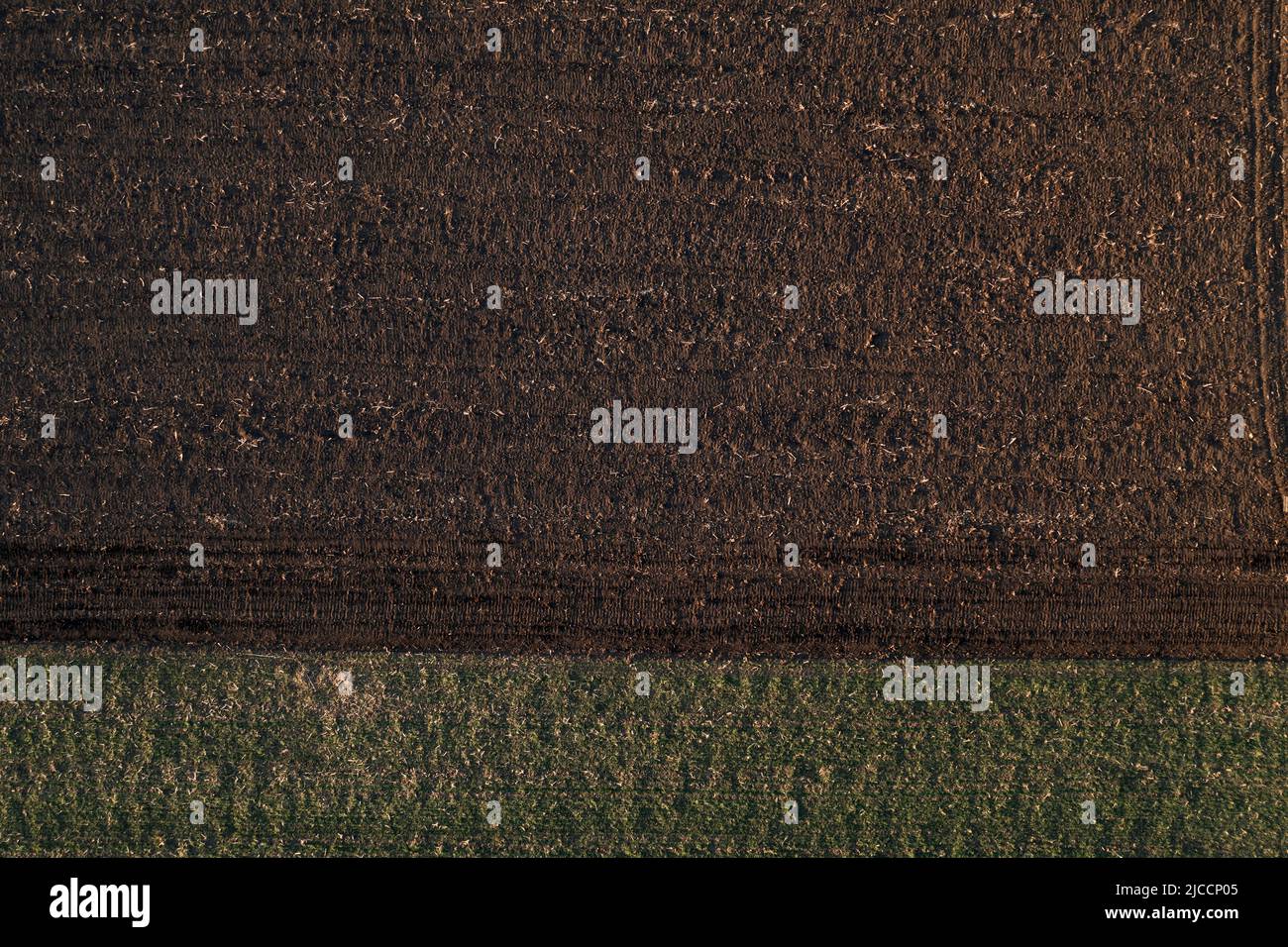 Luftaufnahme des gebepflügten Feldes im Sonnenuntergang von Drohne pov, Draufsicht Stockfoto