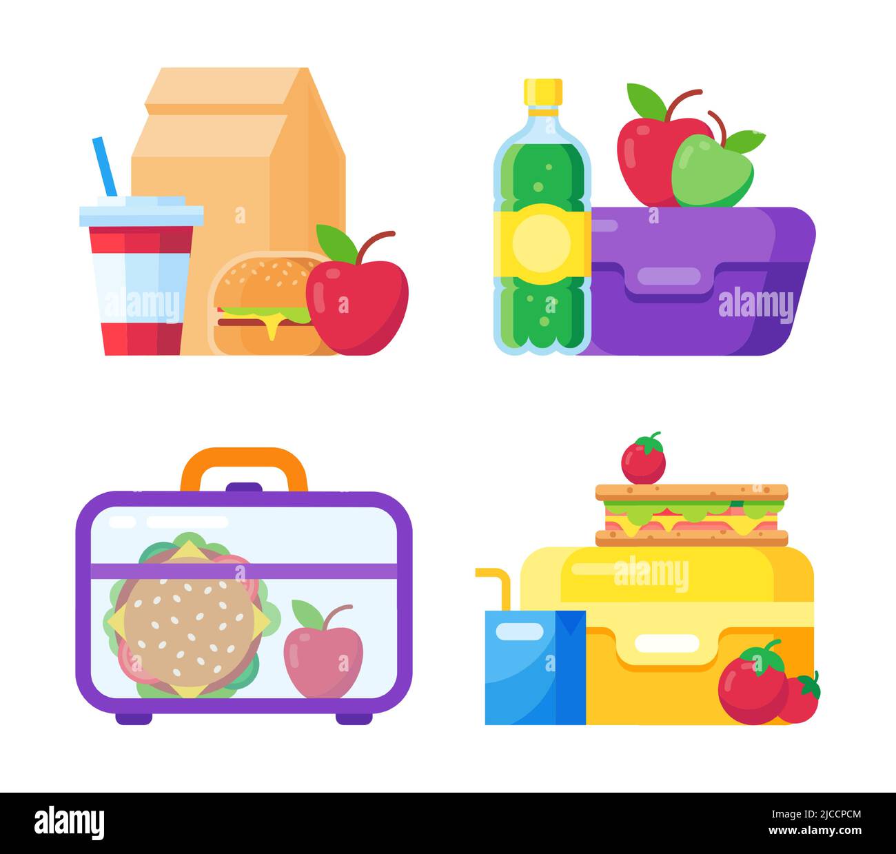 Lunchbox für Schulkinder. Gesunde und nahrhafte Lebensmittel, Flasche oder Tasse Getränk. Sandwich und Snacks in Kunststoffbehältern verpackt Stock Vektor