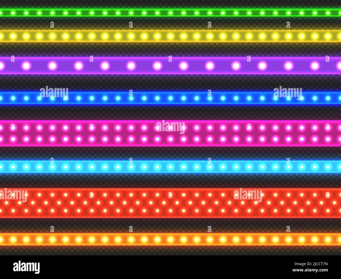 LED-Lichtband. Nahtlose realistische bunte LED-Zierleiste in verschiedenen Größen und Typen, leuchtende dekorative Lichteffekt. Vektor-beleuchtete Linie Stock Vektor