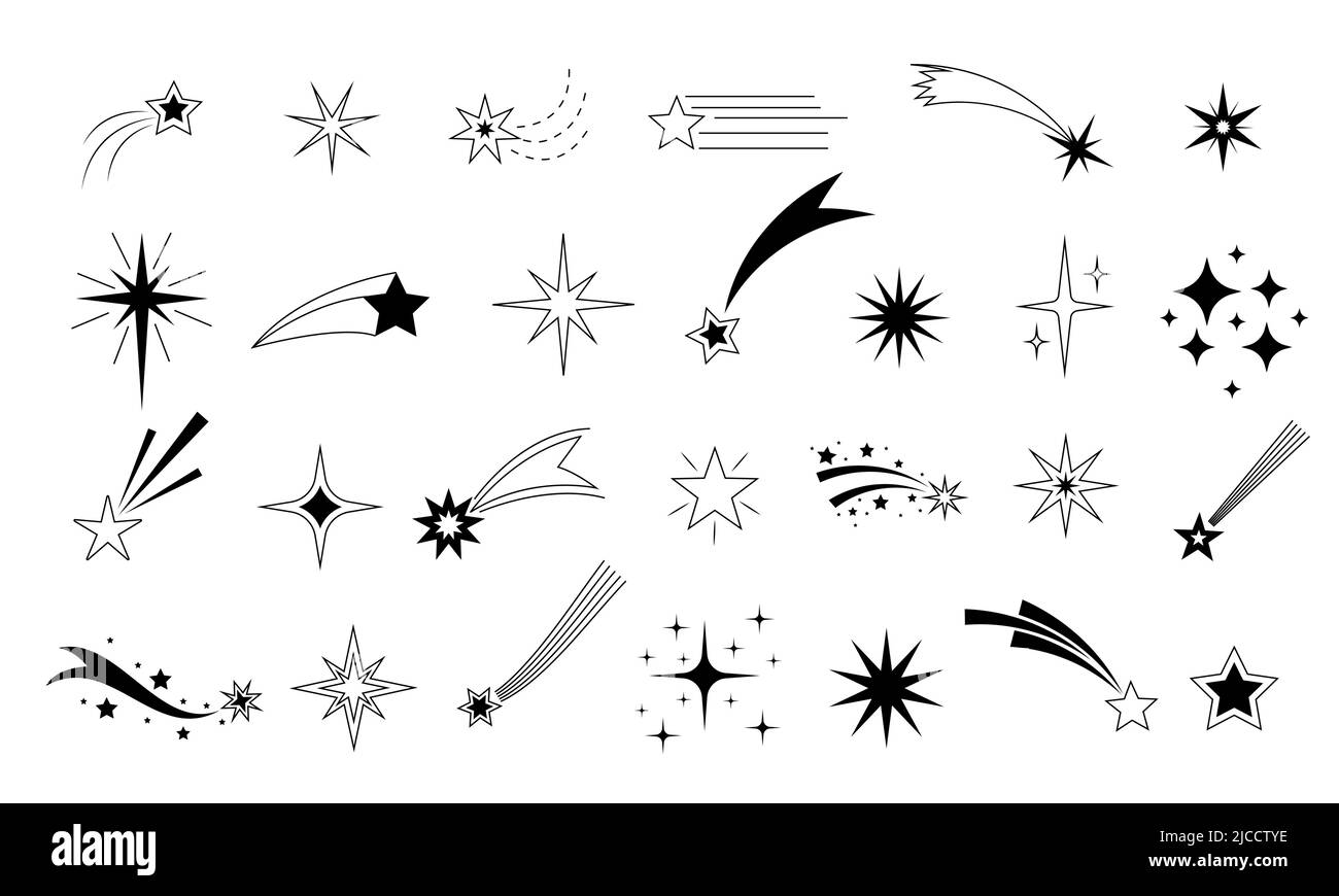 Sternsymbol. Fliegender Komet mit Schweif, fallender Meteor, abstraktes Fantasy-Galaxienelement, dekorative Silhouette des Nachthimmels. Vektor isoliert Stock Vektor