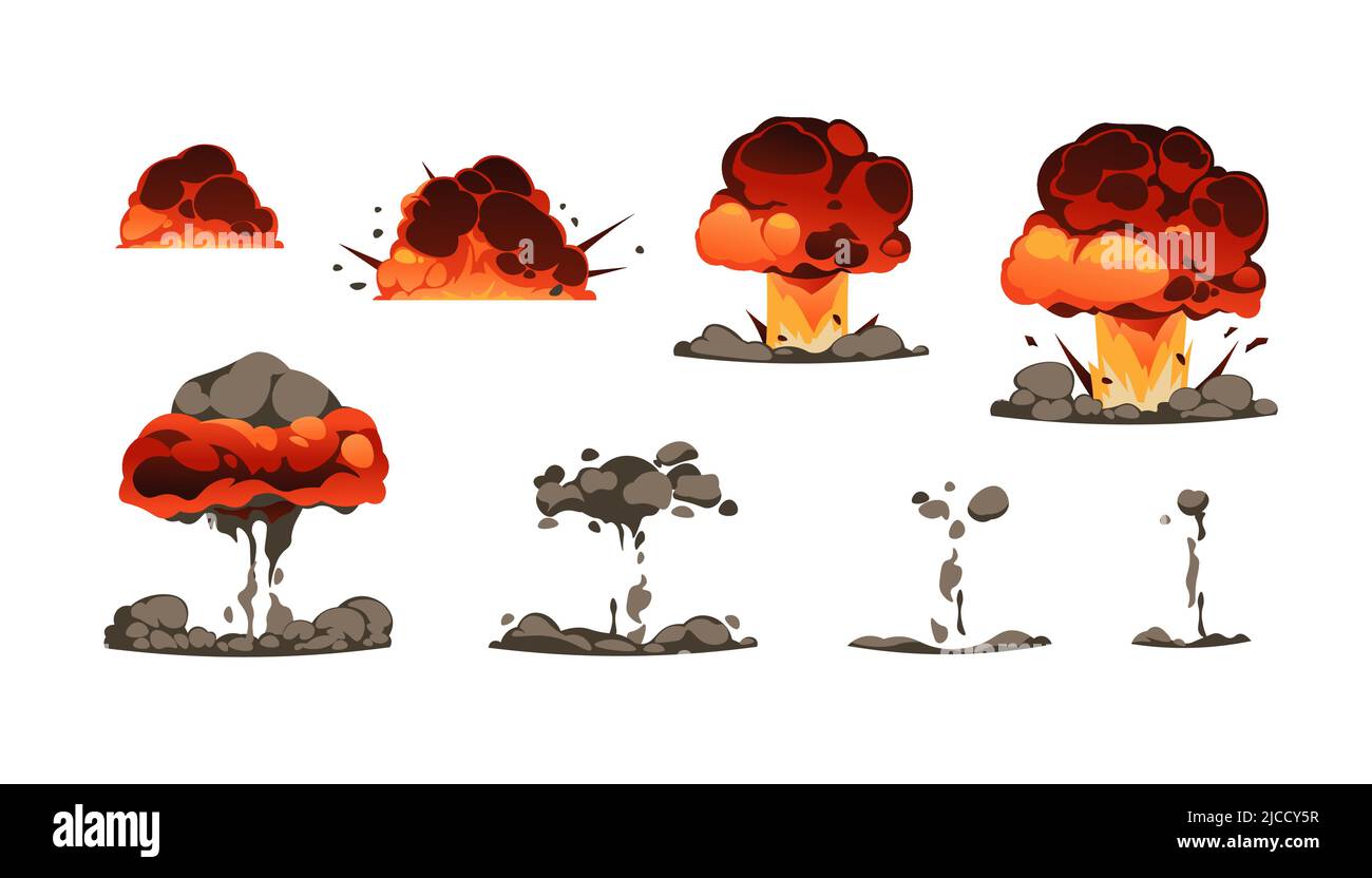 Explosionsanimation-Kit. Cartoon Bombe Detonation Comic-Effekt mit Feuer und Rauch, Energie Explosion und Feuerwerk explodieren Spiel Asset. Vektorexplosion Stock Vektor