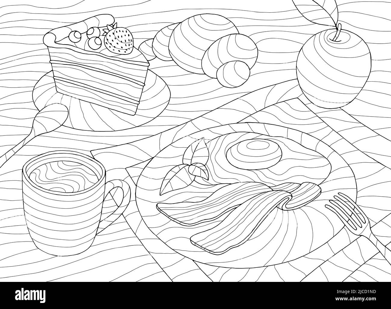 Frühstück Färbung Lebensmittel Grafik schwarz weiß Skizze Illustration Vektor Stock Vektor