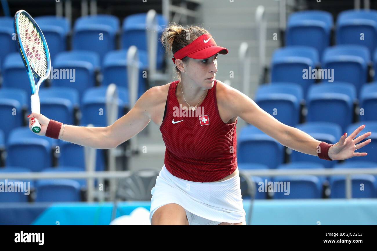 29.. JULI 2021 - TOKIO, JAPAN: Belinda Bencic aus der Schweiz beim Tennis Women's Singles Semifinale gegen Elena Rybakina aus Kasachen im Einsatz Stockfoto