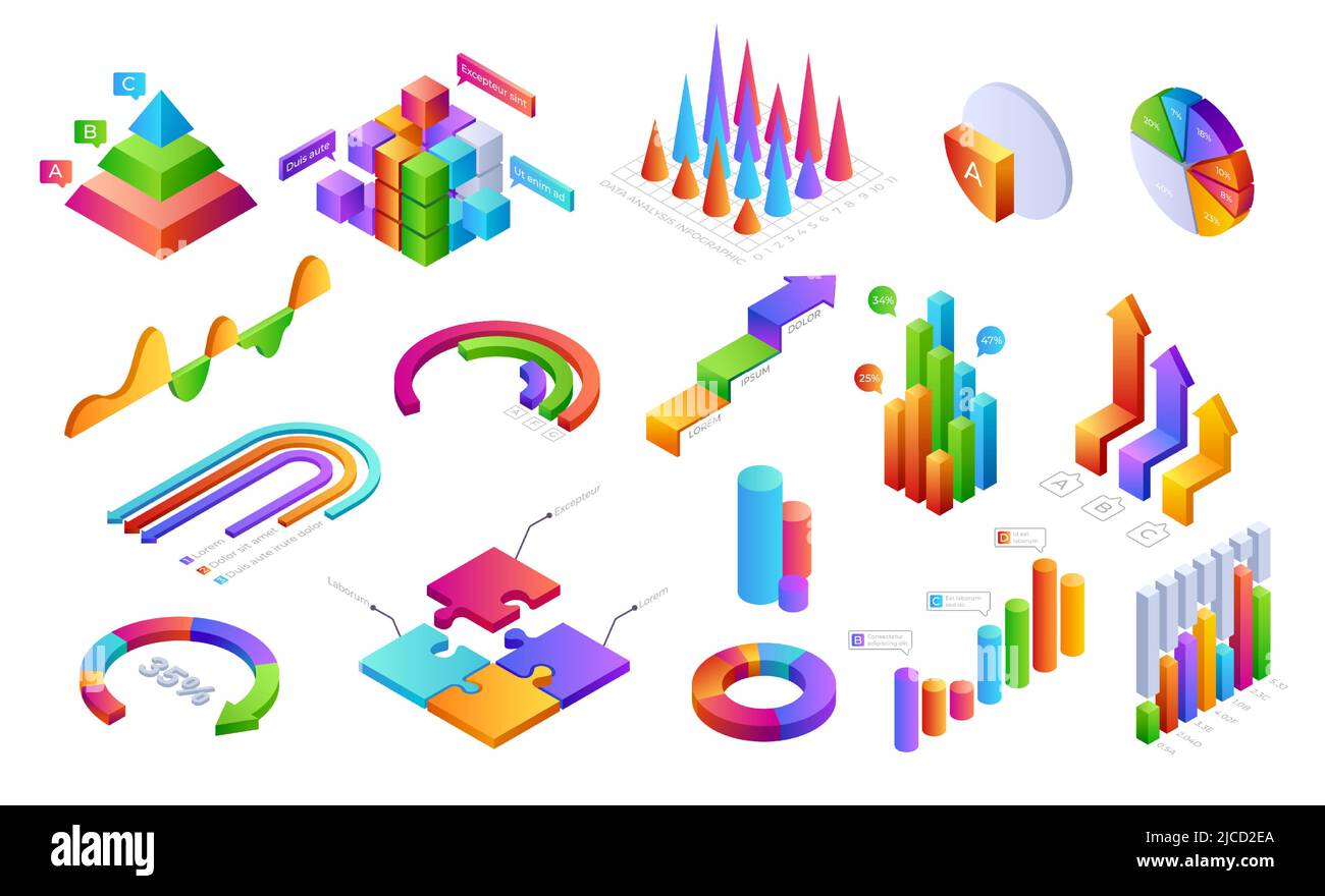 Infografik 3D Elemente. Isometrische Grafikdiagramme mit Fortschrittsbalken und Personensymbolen für das Layout der Geschäftspräsentation und die Finanzanalyse. Vektorset Stock Vektor