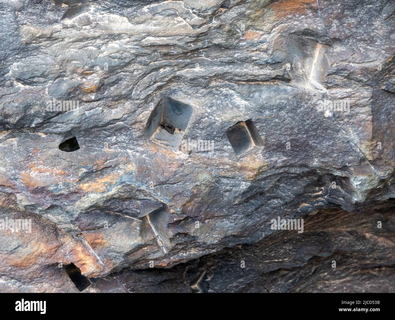Kubisch geformte Löcher wurden im grauen Schiefer zurückgelassen, nachdem Pyritkristalle verwittert waren. Kaukasus. Republik Georgien. Stockfoto