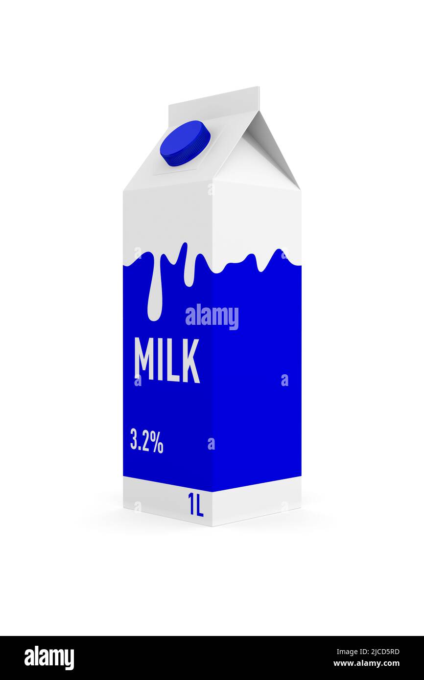 Milchkarton auf weißem Hintergrund. Isolierte 3D-Abbildung Stockfoto