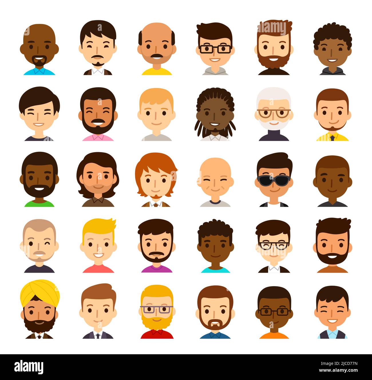 Set von 30 verschiedenen Cartoon männlichen Avataren. Männer unterschiedlicher Ethnien, Alter, Haut- und Haarfarbe. Niedlicher und einfacher, flacher Vektor-Stil, isoliert auf Weiß Stock Vektor