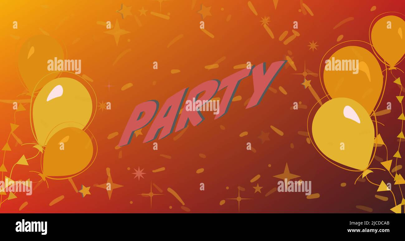 Bild von Happy Party Text in rot, mit gelben Ballons auf orangefarbenem Hintergrund Stockfoto