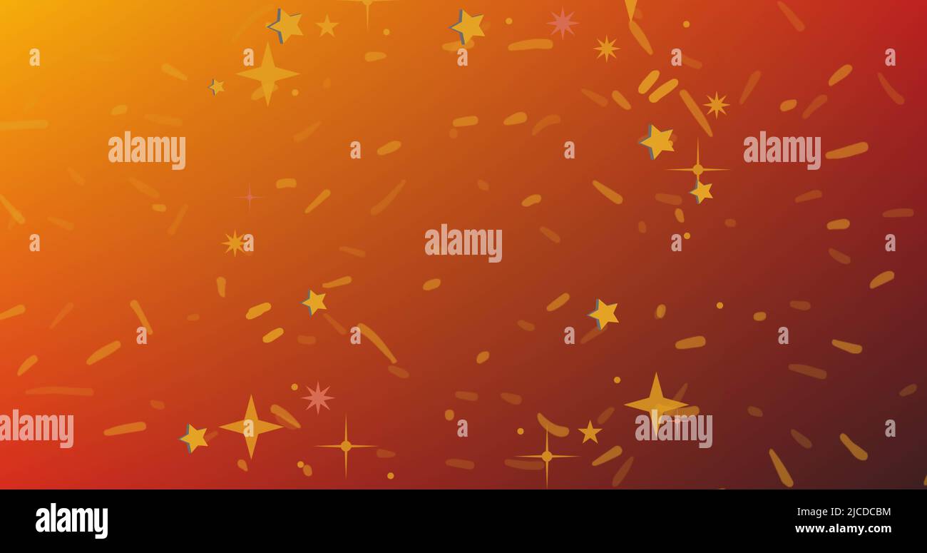 Bild von Happy Party Text in rot, mit gelben Ballons auf orangefarbenem Hintergrund Stockfoto