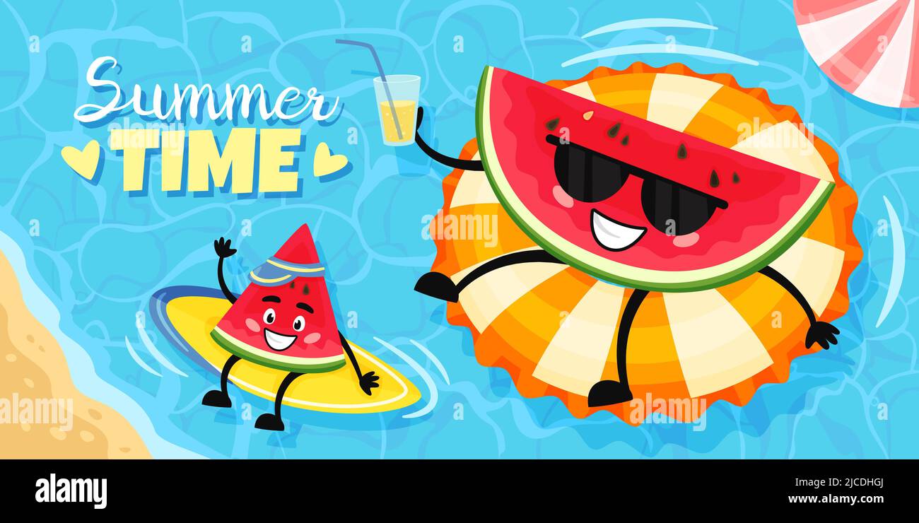 Cartoon Wassermelone Charakter Sommer. Glückliche saftige Früchte am Strand, lustige Beeren Stücke ruhen im Schwimmbad, vegetarische Ernährung Essen im Urlaub Stock Vektor