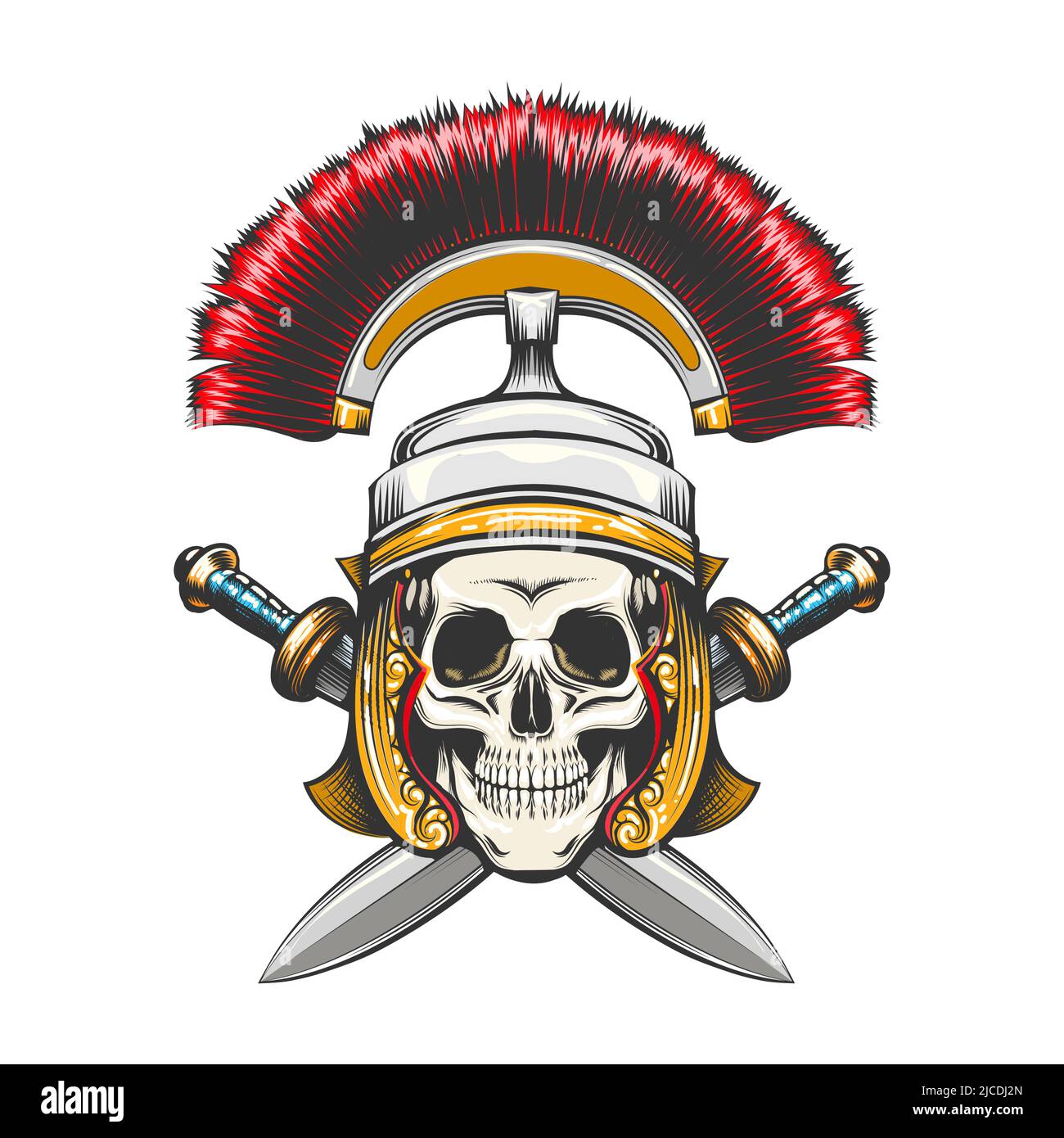 Tattoo of Skull in Roman Empire Centurion Helm und Schwerter isoliert auf weiß. Vektorgrafik. Stock Vektor