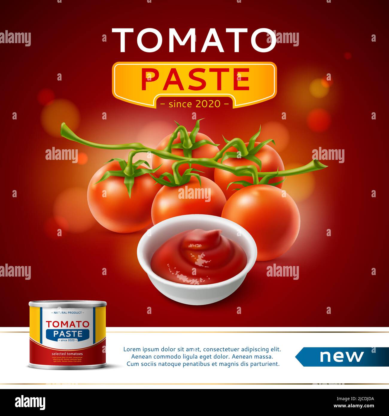 Poster zu Tomatenprodukten. Realistische Blechdose mit Gemüsepaste, konservierte rote Sauce, frische 3D Früchte auf Zweig, natürliche Lebensmittelverpackung, Kochen Stock Vektor