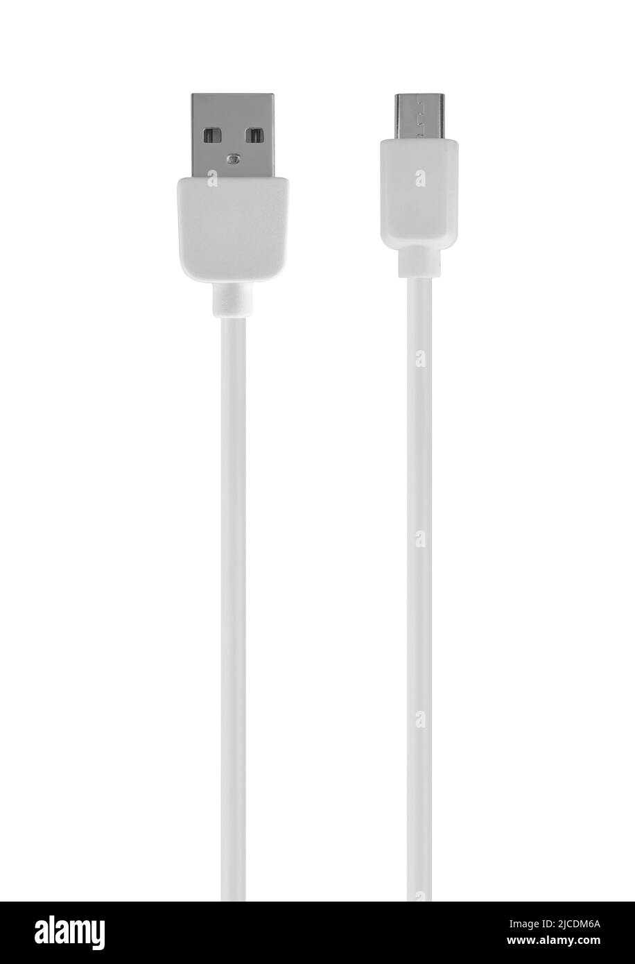 Steckverbinder USB, Micro-USB mit Kabel, weiß isoliert auf weißem Hintergrund Stockfoto