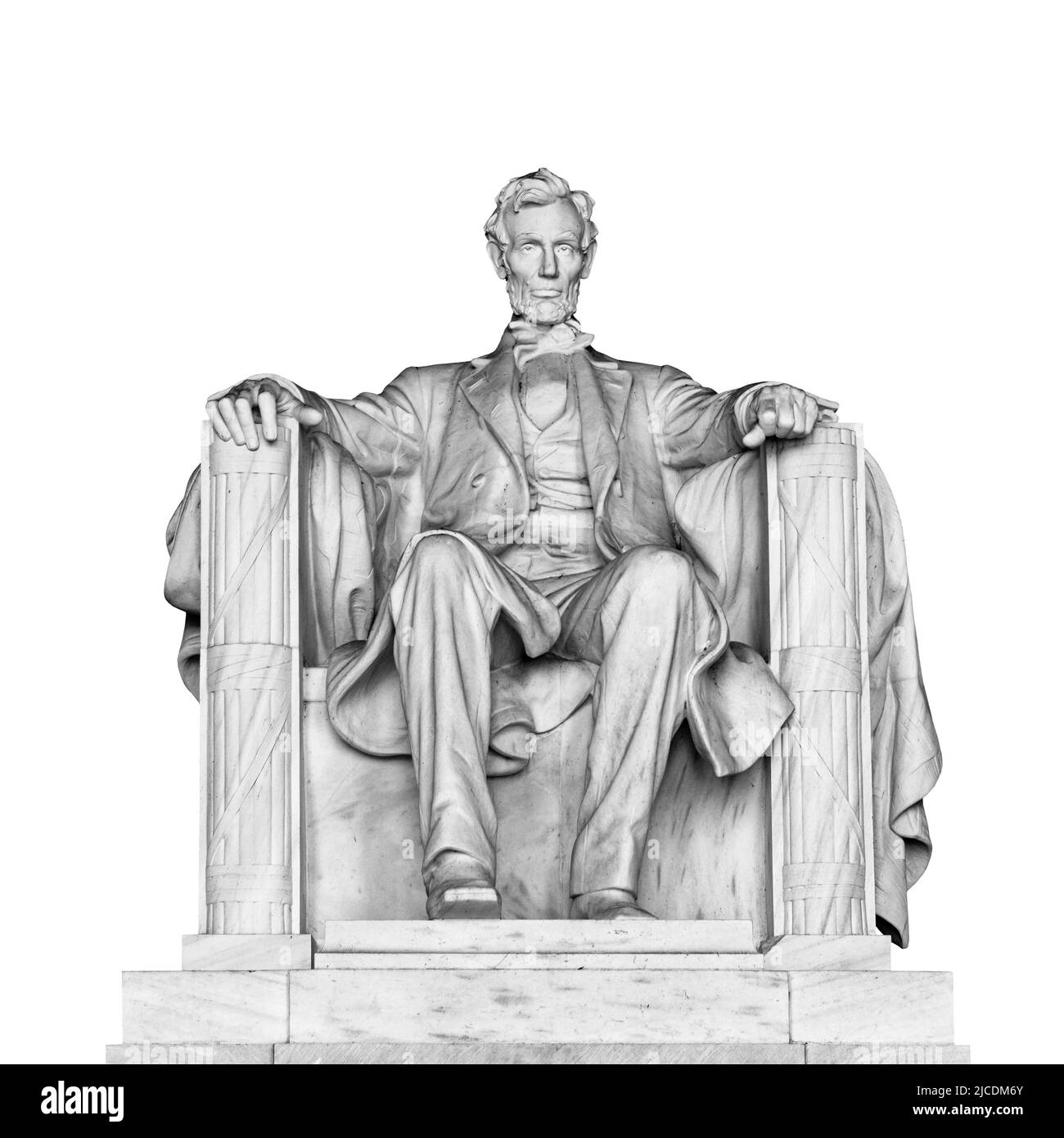 Der US-Präsident Abraham Lincoln setzte eine Statue isoliert auf weißem Hintergrund im Lincoln Memorial auf der National Mall, Washington, D.C., USA Stockfoto