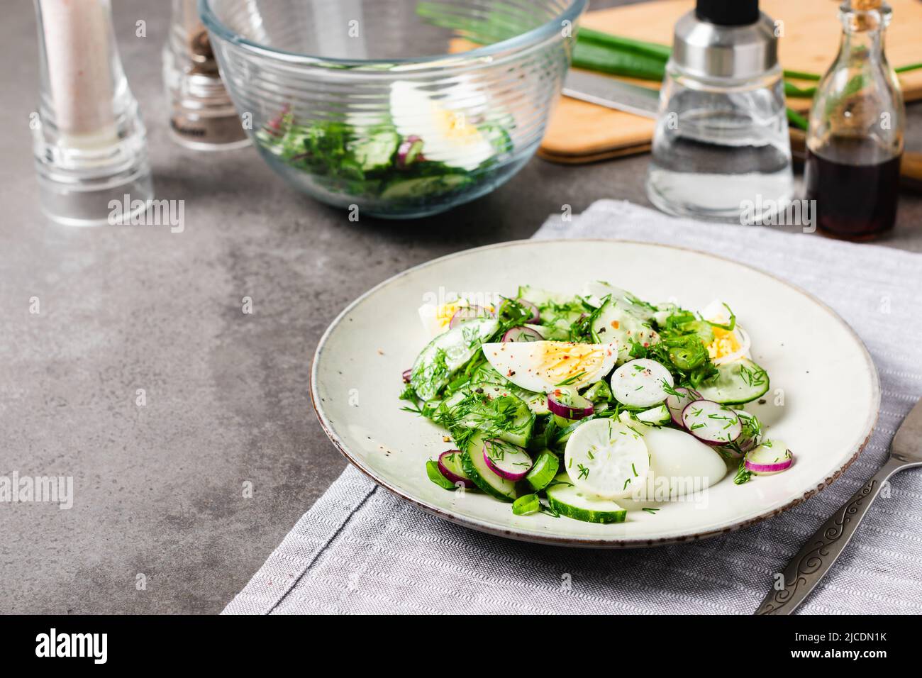 Salat mit Gurke, Rettich, Frühlingszwiebel und Ei. Stockfoto