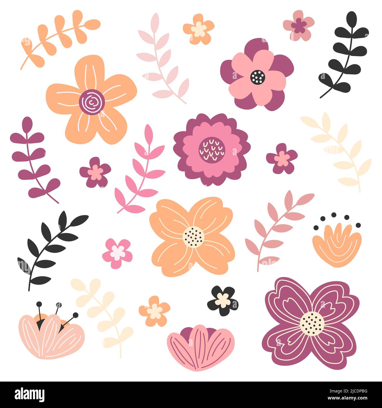 Frühlingsblumen in Pastellfarben. Kollektion mit Blumen- und Blattelementen. Einfache handgezeichnete Symbole auf Weiß Stock Vektor