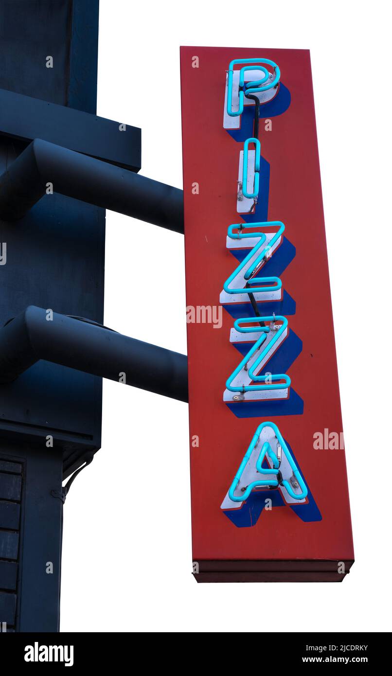 Isoliertes Retro Neon Pizza-Schild, das an Ein Gebäude angeschlossen ist Stockfoto