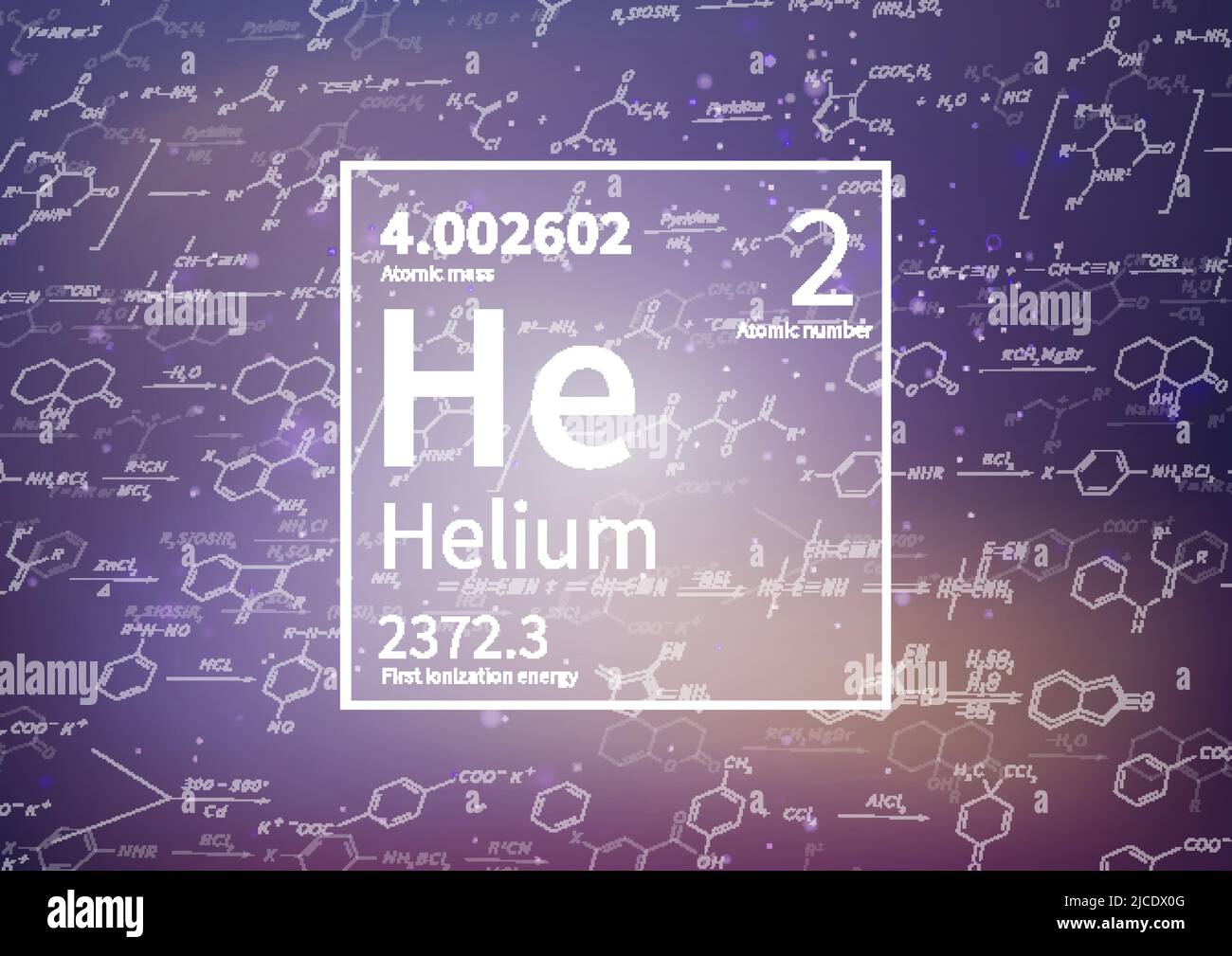 Chemisches Helium-Element mit erster Ionisationsenergie, atomarer Masse und Elektronegativität auf wissenschaftlichem Hintergrund Stock Vektor