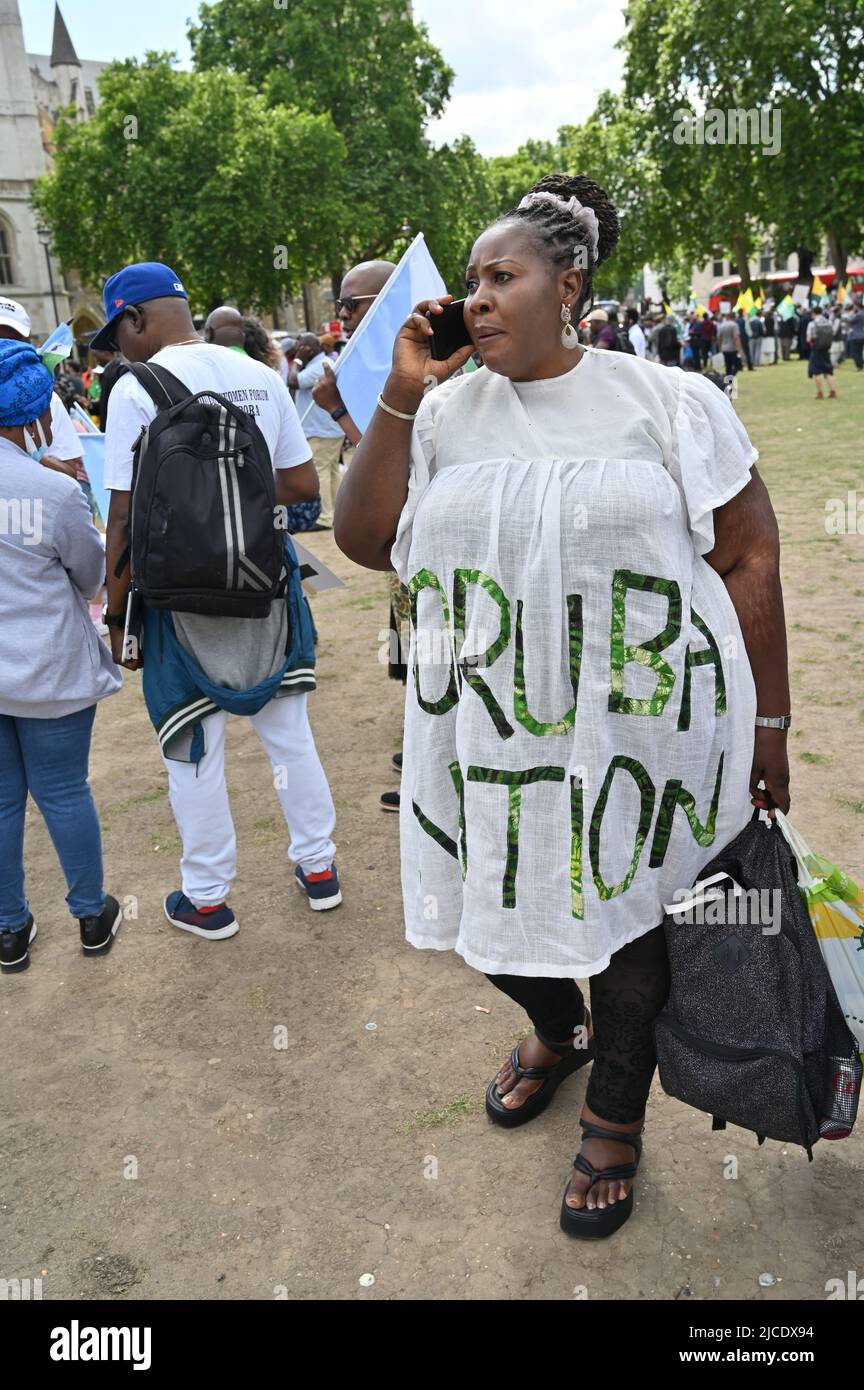 London, Großbritannien, 12/06/2022, die Demonstranten sind stolz auf ihre Yoruba-Nationalflagge. Protest für die 2023: Wir wollen ein Yoruba-Referendum und keine Übergangsregierung auf dem Parliament Square in London, Großbritannien. - 12. Juni 2022. Stockfoto