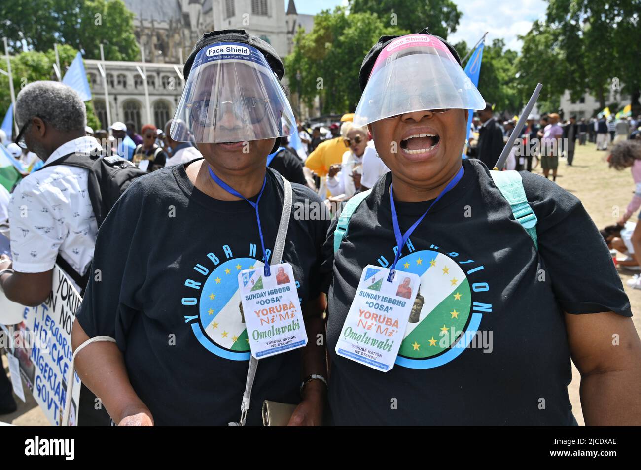 London, Großbritannien, 12/06/2022, die Demonstranten sind stolz auf ihre Yoruba-Nationalflagge. Protest für die 2023: Wir wollen ein Yoruba-Referendum und keine Übergangsregierung auf dem Parliament Square in London, Großbritannien. - 12. Juni 2022. Stockfoto