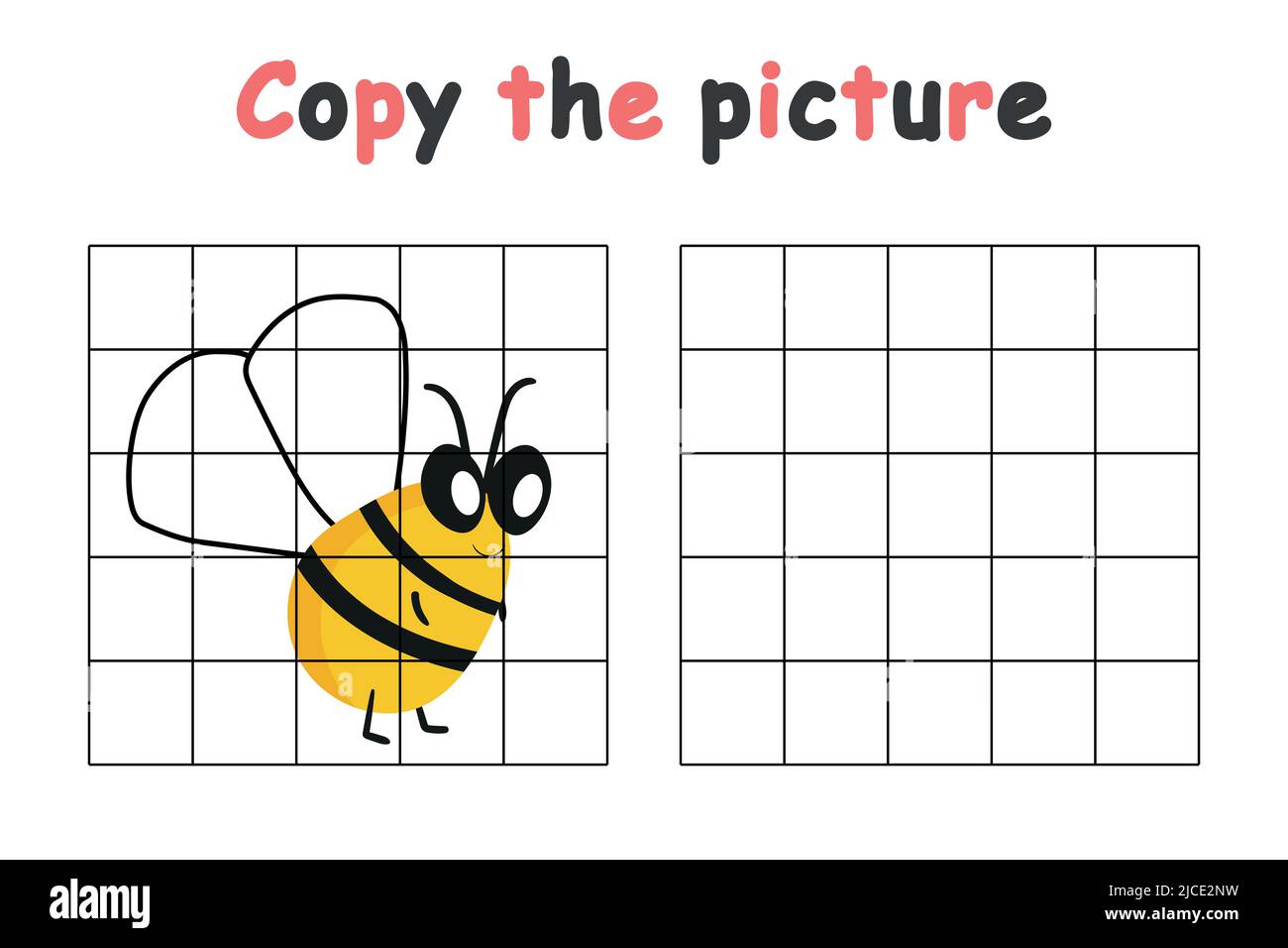 Kopieren Sie das Bild. Pädagogisches Spiel für Kinder. Niedliche Biene, Wespe. Zeichenaktivität für Kinder. Farbenfrohe Vektorgrafik Stock Vektor