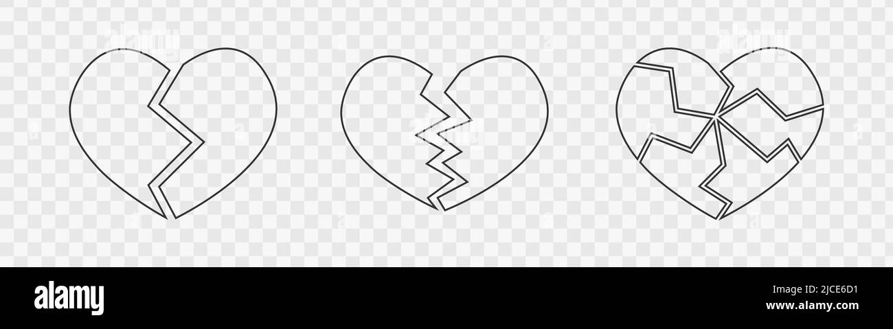 Symbole für gebrochene Herzen auf transparentem Hintergrund isoliert. Symbole für Herzschmerz, Scheidung, Trennung, Herzkrankheit, Infarkt. Vektordarstellung. Stock Vektor