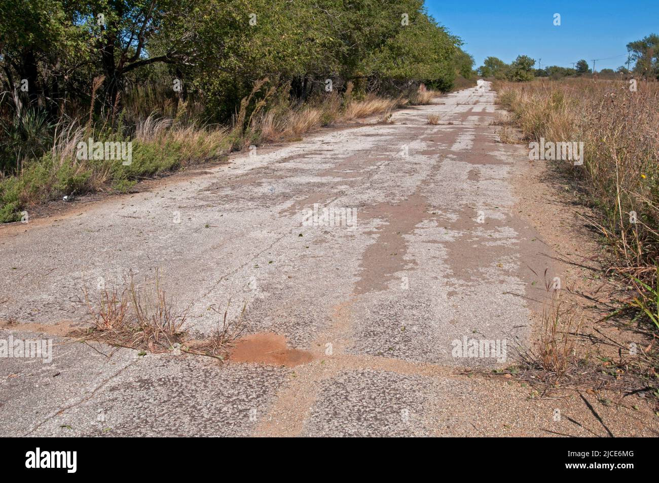 Ein verlassene Abschnitt der historischen Route 66 liegt überwuchert in der Nähe von Hext, Oklahoma. Stockfoto