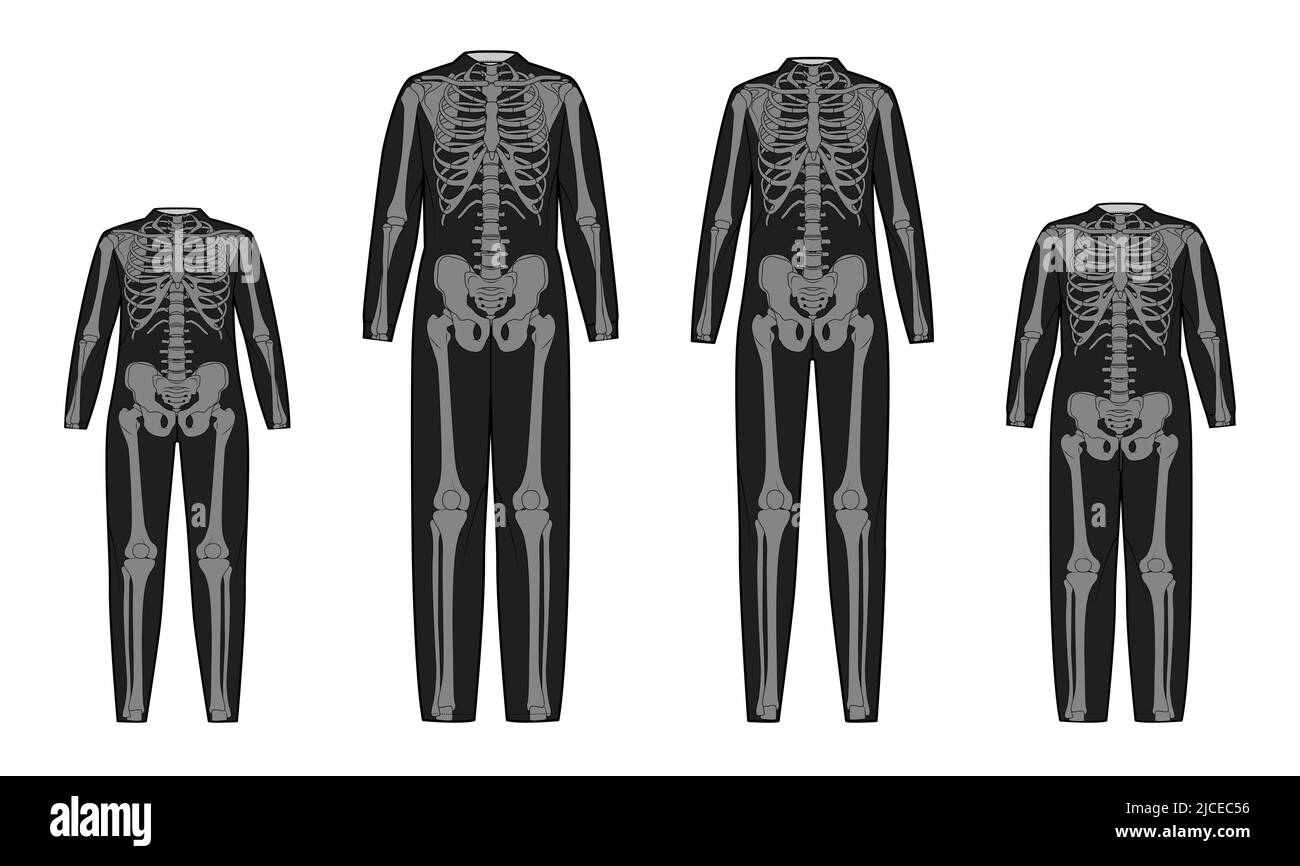 Set Skelett Kostüm menschliche Knochen für die ganze Familie Männer Frauen Kinder für Halloween, Festivals zum Bedrucken von Kleidung für Day of the Dead flach schwarz grau Farbe Konzept Vektor-Illustration isoliert Stock Vektor