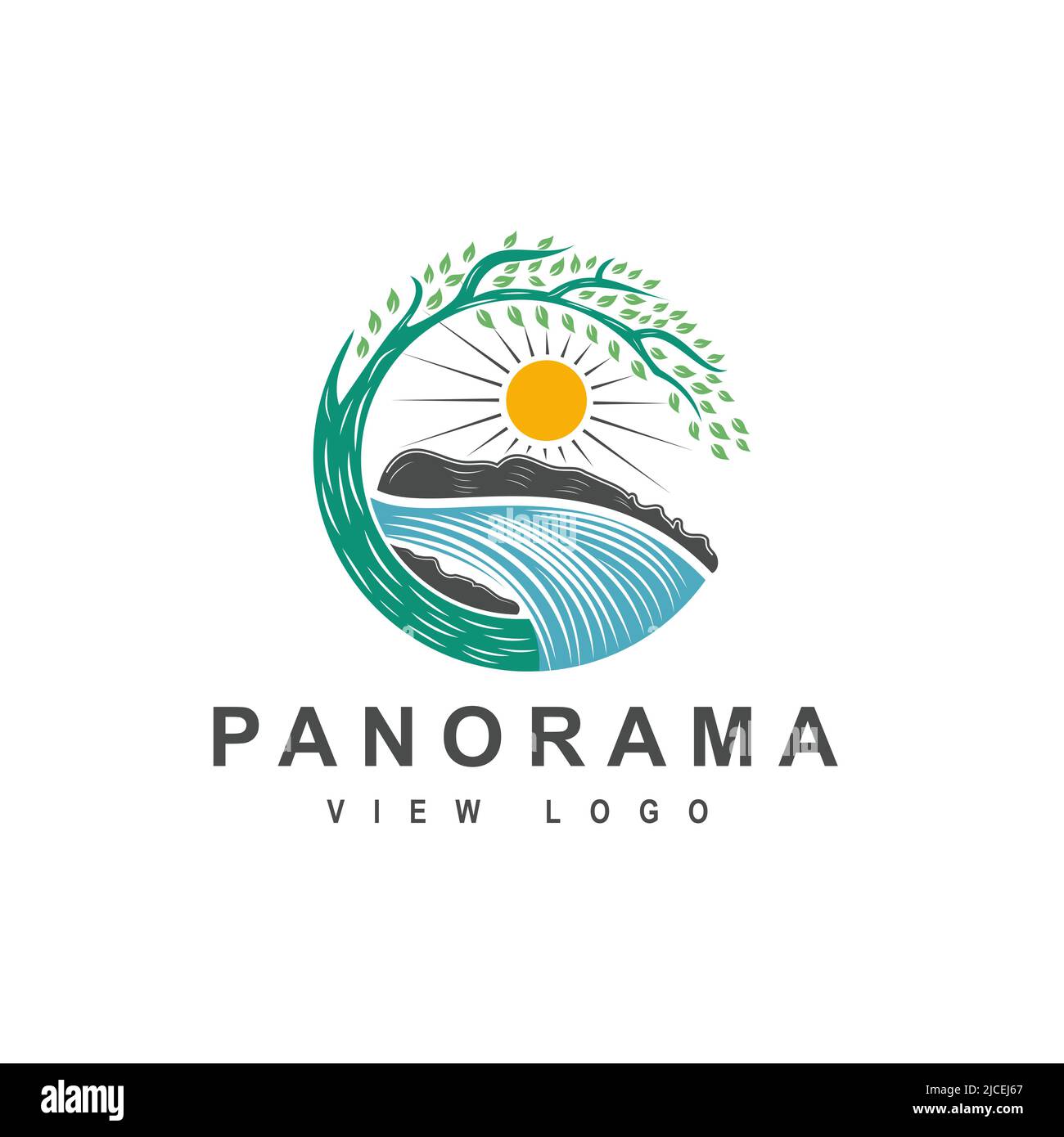 Baum, Flusslandschaft Logo ländliche Landschaft Logo Design, Bäume, Bach Symbol. Stock Vektor