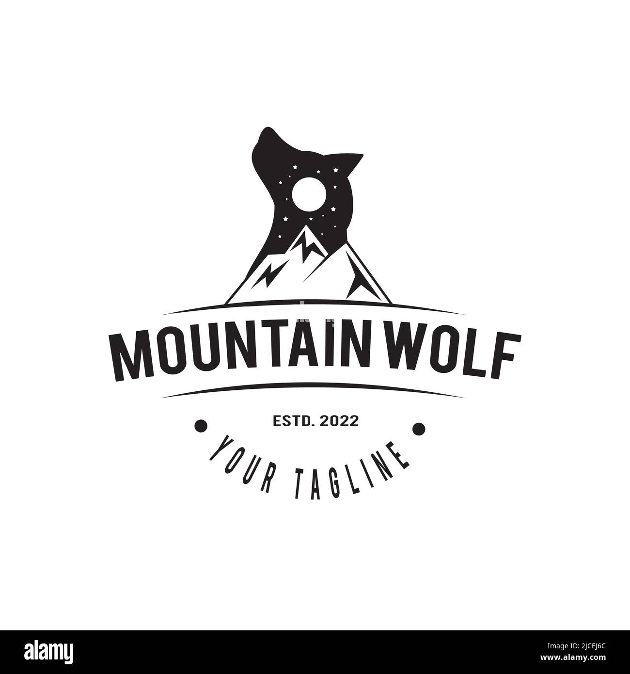 Wilde Natur Wolf Berg Silhouette Logo Design, Wolf Vektor Illustration Stock Vektor