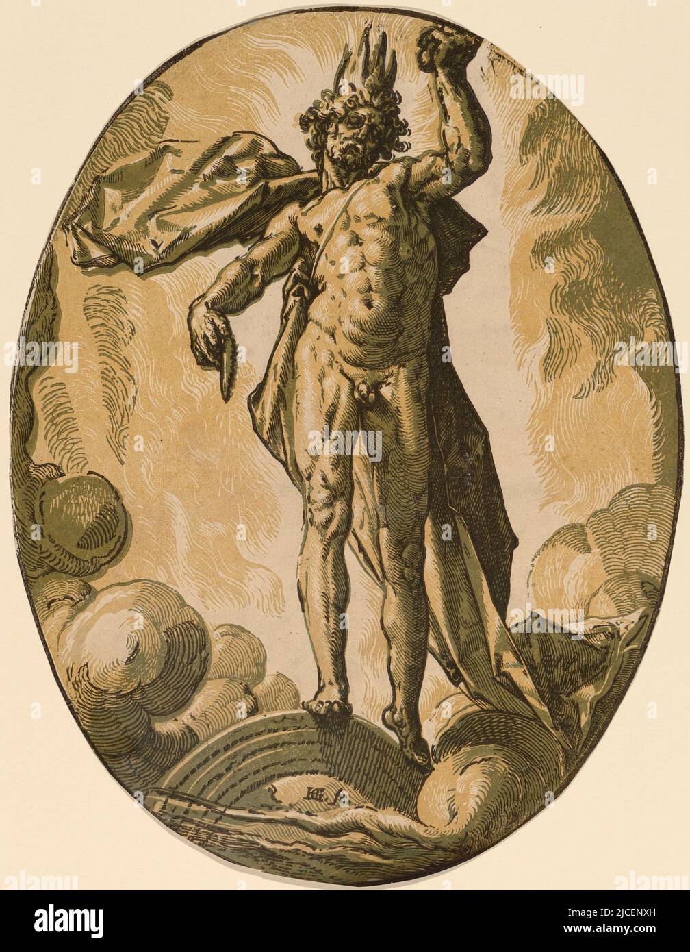 Ein Porttrait von Ether (Licht) von Hendrik Goltzius (1558-1617). In der griechischen Mythologie ist Ether der Sohn von Nyx (Nacht) und Erebus (Dunkelheit) und der Bruder von Hemera (Tag) Stockfoto